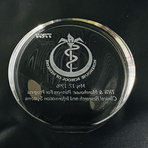 RARE 1996 TRW Morehouse School of Medicine Clear Glass Etched Paperweight